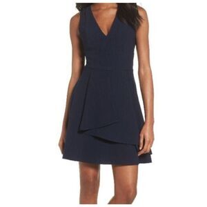Adelyn Rae Dress Navy Blue Sleeveless Ruffle Small Fit & Flare Above Knee V Neck